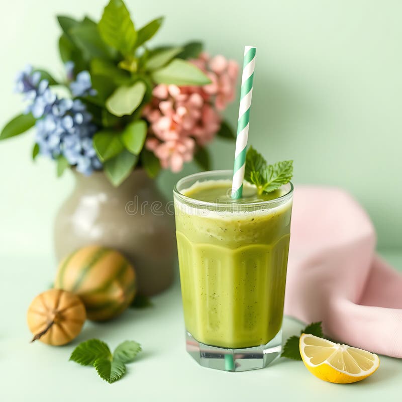 Un jus de détox vert rafraîchissant avec une paille sur fond de menthe pastel illustration de vecteur