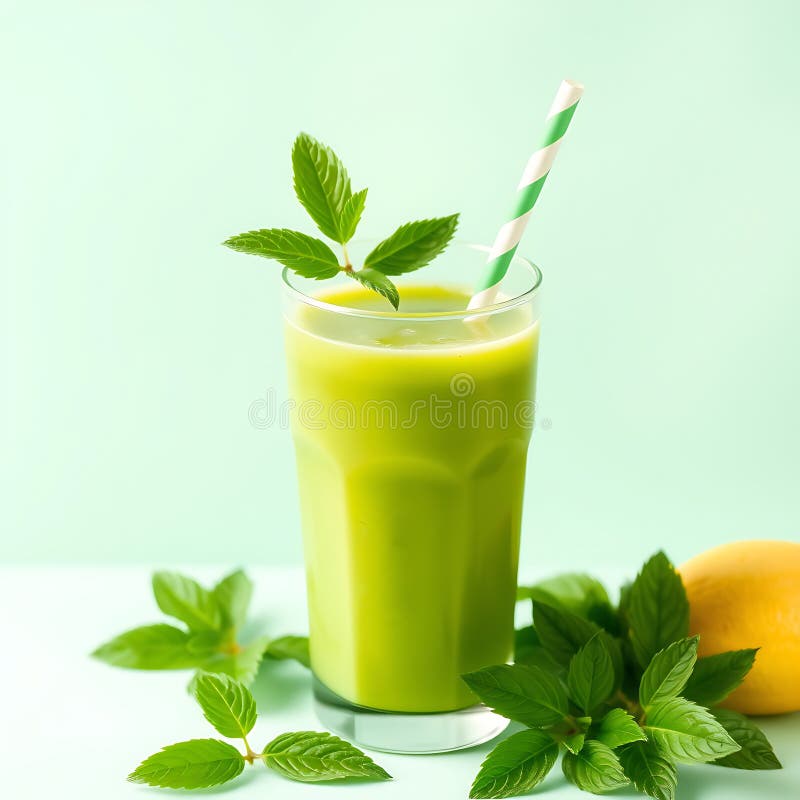 Un jus de détox vert rafraîchissant avec une paille sur fond de menthe pastel illustration libre de droits