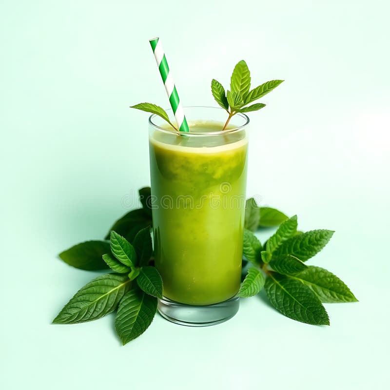 Un jus de détox vert rafraîchissant avec une paille sur fond de menthe pastel illustration stock