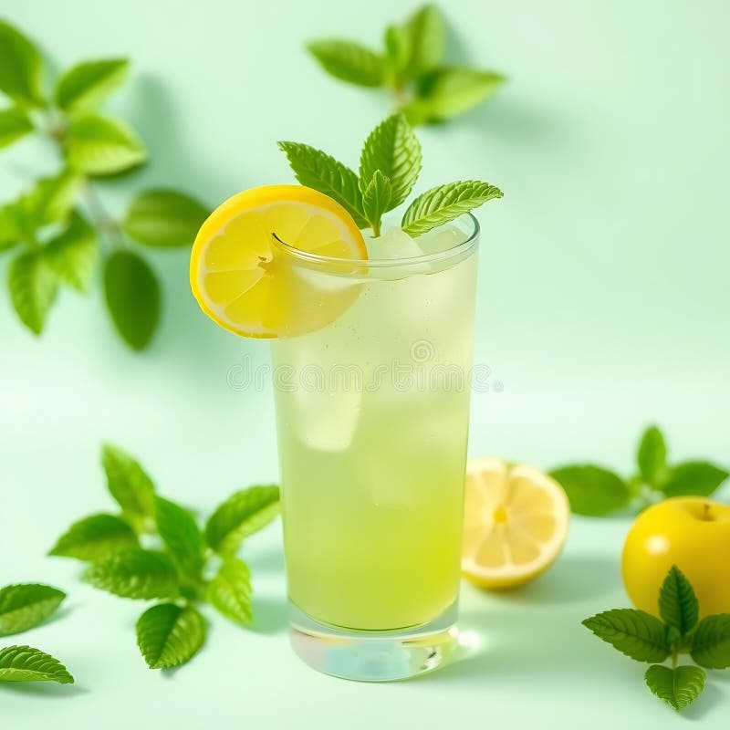 Un jus de pomme verte rafraîchissant avec une pointe de citron sur fond de menthe pastel illustration libre de droits