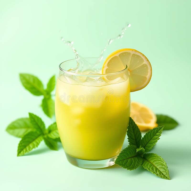 Un jus de pomme verte rafraîchissant avec une pointe de citron sur fond de menthe pastel illustration libre de droits