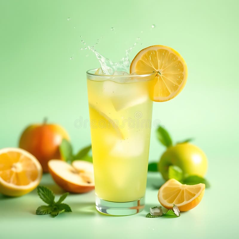 Un jus de pomme verte rafraîchissant avec une pointe de citron sur fond de menthe pastel illustration de vecteur