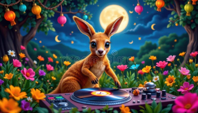 Un kangaroo dj che filtra dischi di feltro in una festa notturna ai ha generato un'illustrazione digitale in stile arte con feltro illustrazione vettoriale
