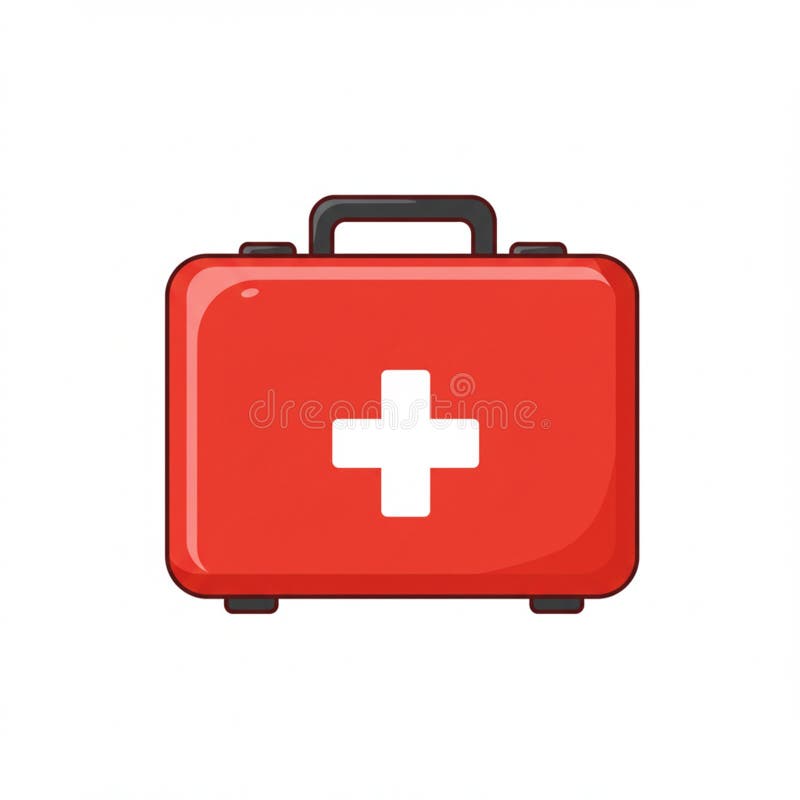 Un kit rosso di pronto soccorso con una croce bianca ben visibile sulla parte anteriore. Il kit è rettangolare con bordi arrotondati e una maniglia nera sopra per una facile trasporto. Il suo design compatto suggerisce praticità e portabilità, rendendola ideale per l'utilizzo in situazioni di emergenza. La superficie appare liscia e leggermente lucida, indicativa di materiale plastico durevole.