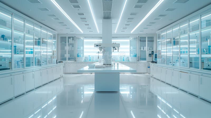 Ilustración de alta calidad un laboratorio moderno con contrapesos blancos y herramientas avanzadas representa el descubrimiento científico y la innovación en un entorno de investigación contemporáneo generado