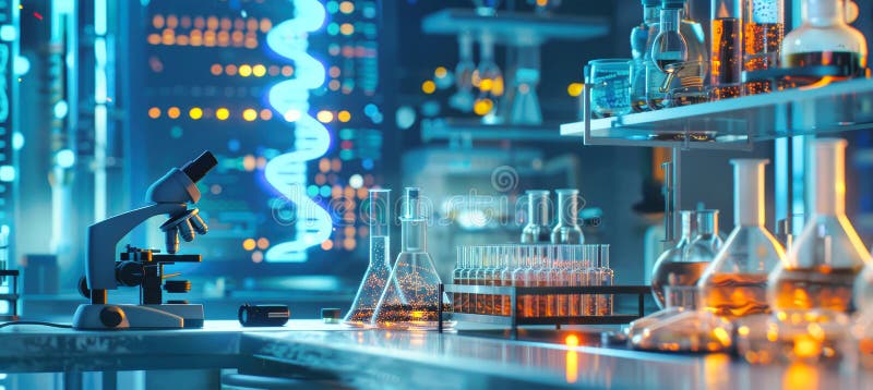 Un laboratorio sterile e futuristico con microscopio illuminato e diversi becher riempiti di liquidi colorati illustrazione vettoriale