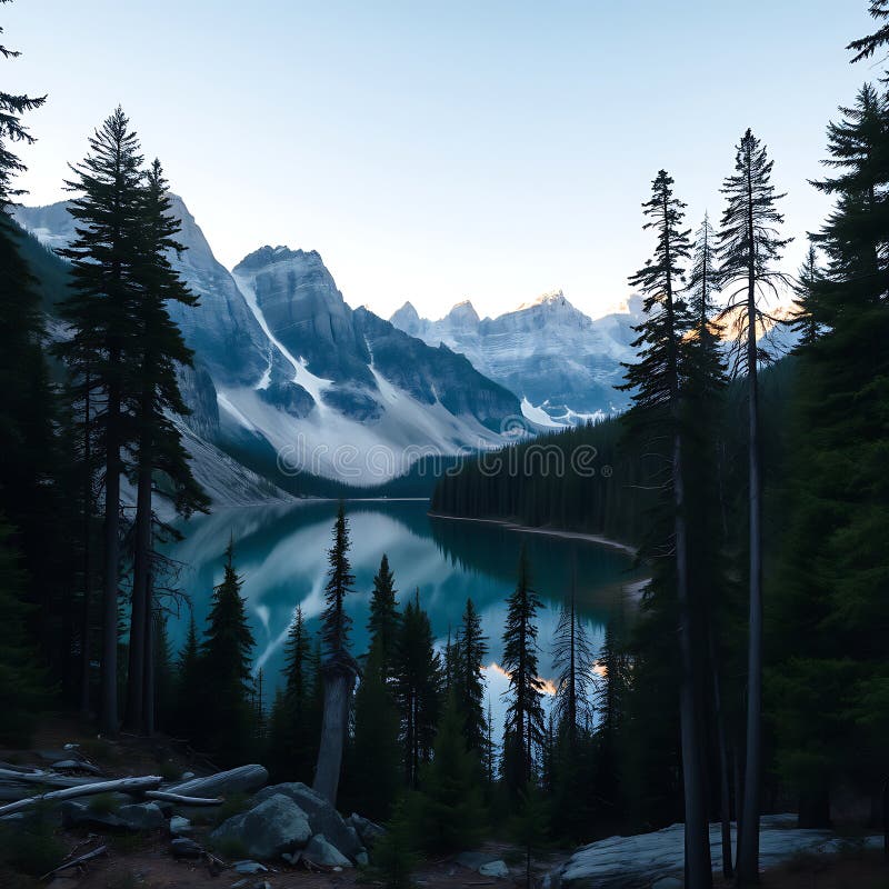 Un lac de montagne caché entouré de grands arbres et brillant sous un ciel clair illustration de vecteur