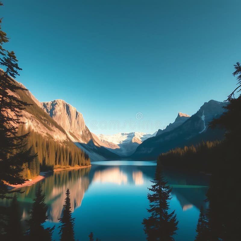 Un lac de montagne caché entouré de grands arbres et brillant sous un ciel clair illustration libre de droits