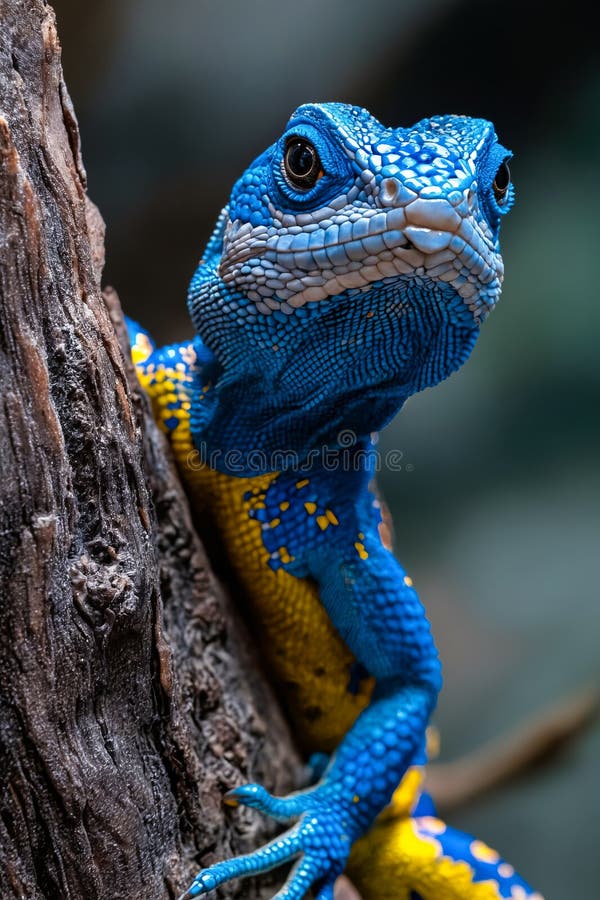 Un lagarto azul y amarillo sentado en una rama de árbol. ai generativo