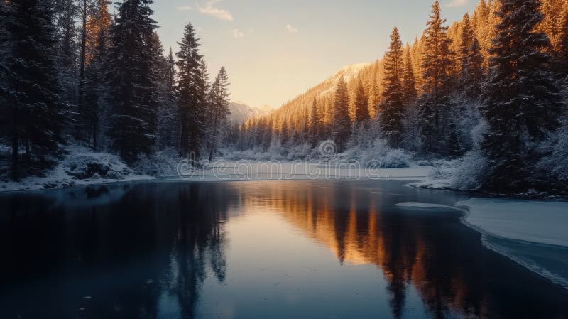 Un lago congelato di scena circondato da alberi ricoperti di ghiaccio che riflettono i colori caldi del sole tramonto illustrazione di stock