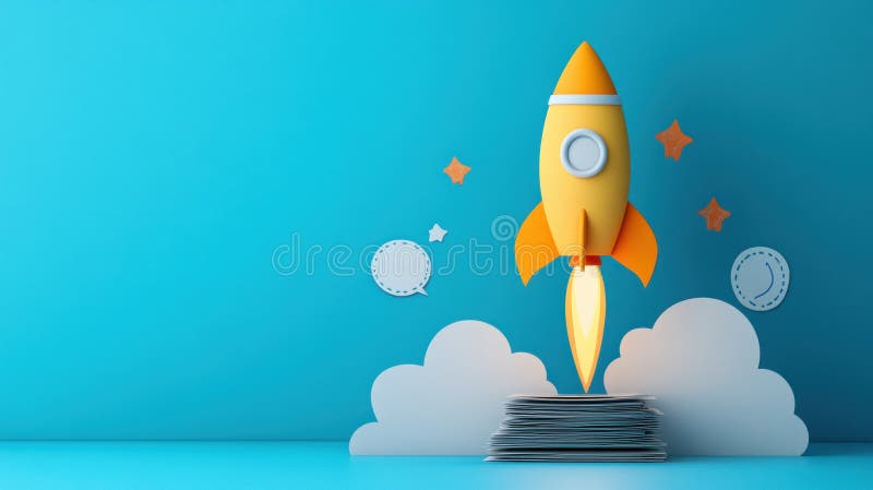 Un lancement de fusée dynamique à partir d'une pile d'idées symbolise l'innovation et la créativité photographie stock
