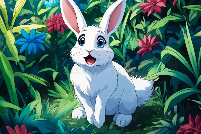 Un lapin blanc au milieu d'un champ de fleurs verdoyant illustration stock