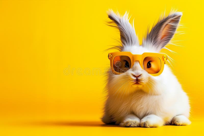 Un lapin blanc portant des lunettes de soleil jaunes sur fond jaune illustration stock