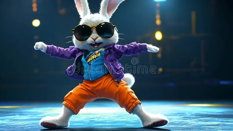 Un lapin blanc portant des lunettes de soleil une veste violette une chemise bleue et des pantalons orange danse sur une scène aux illustration stock