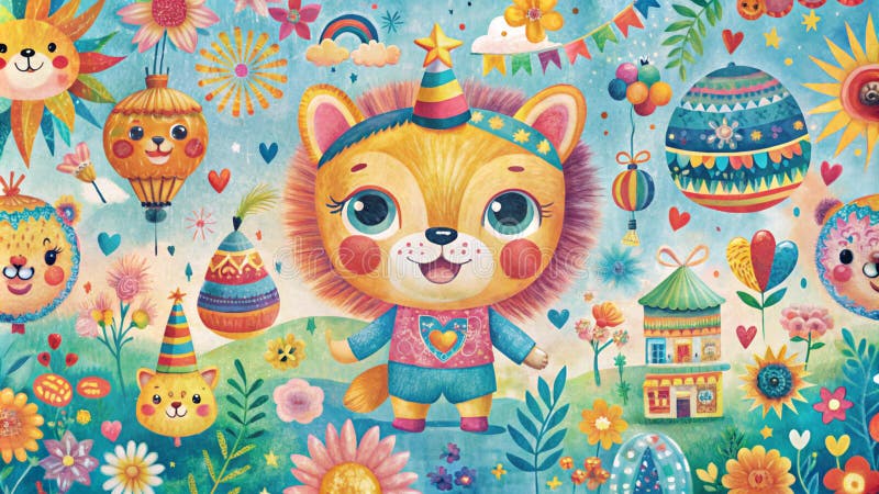 Un leone da cartone animato carino con cappello da festa su sfondo colorato con fiori palloncini e arcobaleno royalty illustrazione gratis
