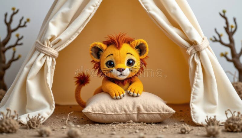 Un leone per bambini che costruisce un conforto di cuscino in una tenda felicemente savana ai generò un'illustrazione digitale in illustrazione di stock