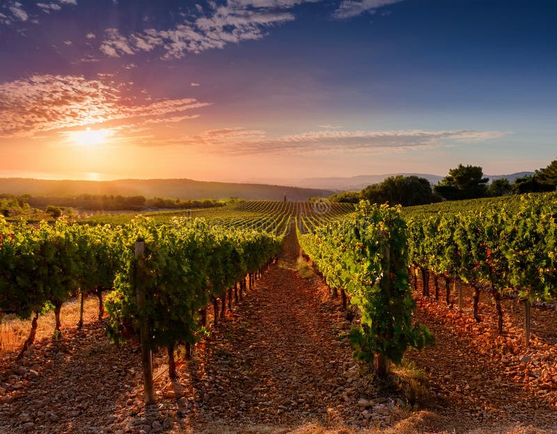 Un lever de soleil paisible sur des rangées de vignes dans un vignoble du sud de la France illustration stock