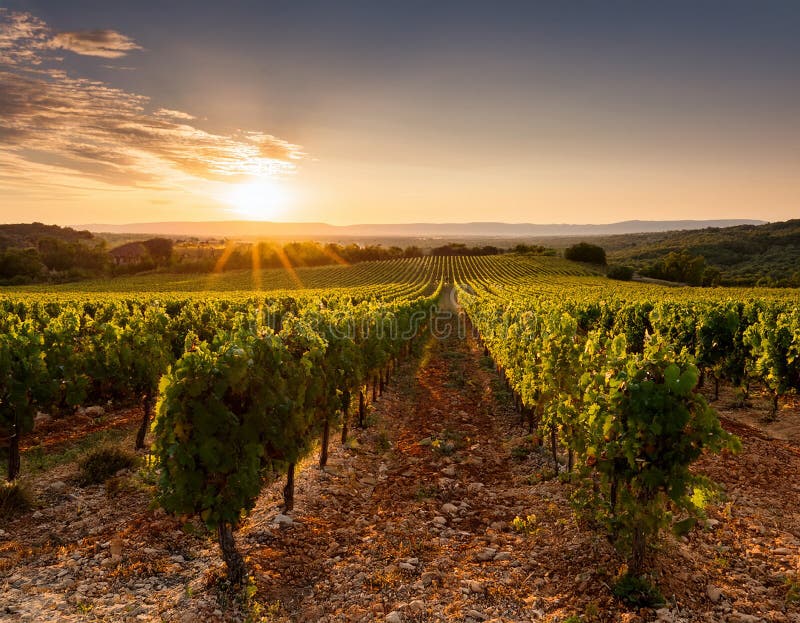 Un lever de soleil paisible sur des rangées de vignes dans un vignoble du sud de la France illustration libre de droits