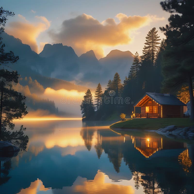 Un lever de soleil paisible sur une chaîne de montagnes brumeuse avec un lac cristallin reflétant les teintes dorées du ciel. illustration stock