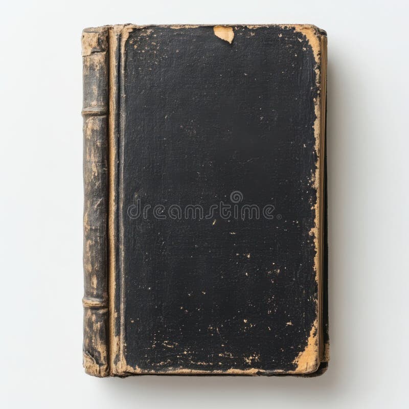 Un libro antico con una copertina nera poggia elegantemente su una superficie bianca e pulita, mostrando il suo fascino senza temp fotografie stock libere da diritti