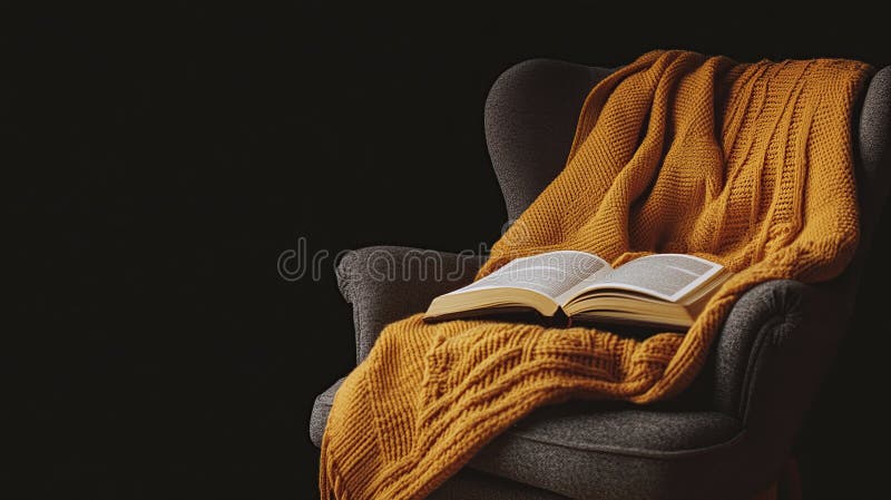 Un libro aperto poggia su una sedia a rotelle cotta da una maglia gialla di senape che lancia una coperta immagine stock