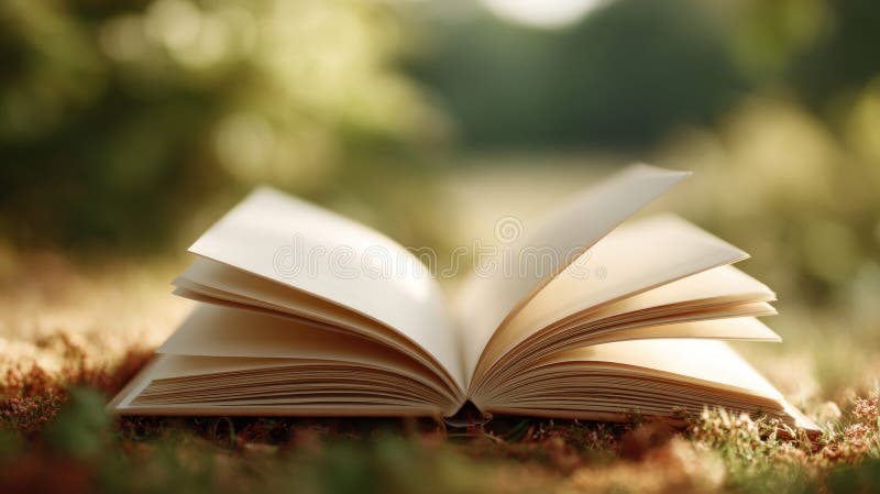 Un libro ben aperto si trova gentilmente in un ambiente naturale che invita il lettore ad esplorare. fotografia stock