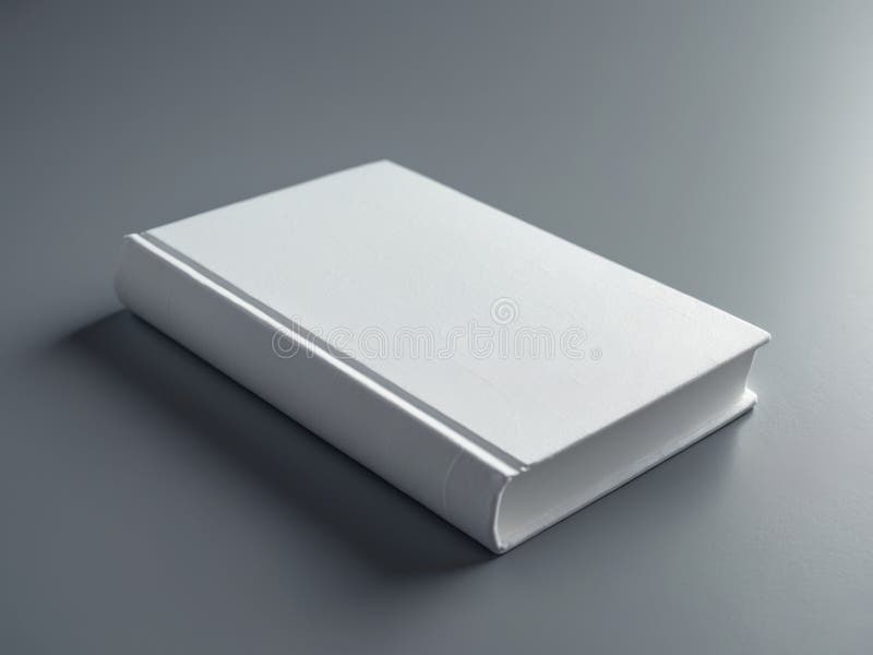 Un libro bianco bianco in bianco poggia su una superficie grigia. immagine stock libera da diritti