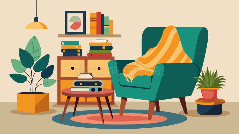 Un libro che invita a leggere con una poltrona di velluto a metà secolo ornata di una coperta a getto di colore e di una pila di l illustrazione vettoriale