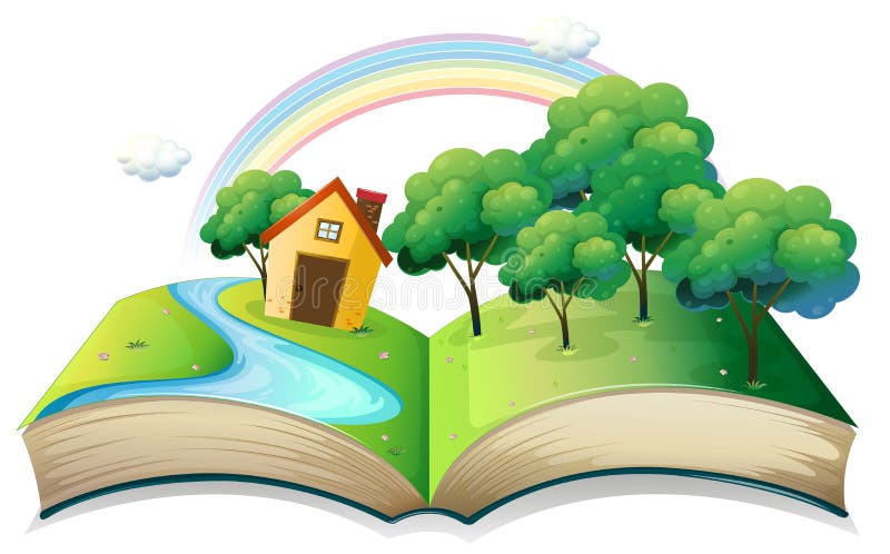 Un libro con una historia de una casa en el bosque stock de ilustración Un libro con una historia de una casa en el bosque stock de ilustración