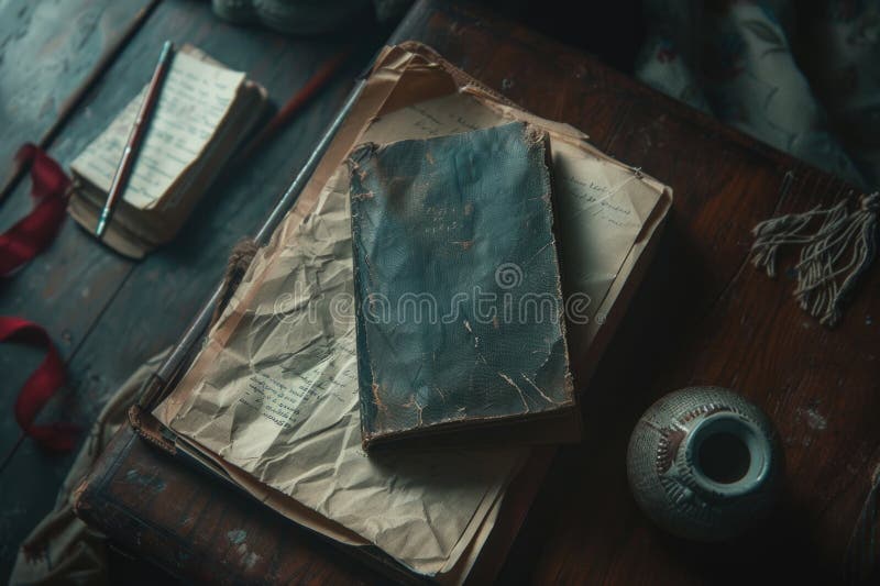 Un libro d'epoca poggia su un rustico tavolo di legno perfetto per lo studio o l'esposizione immagine stock