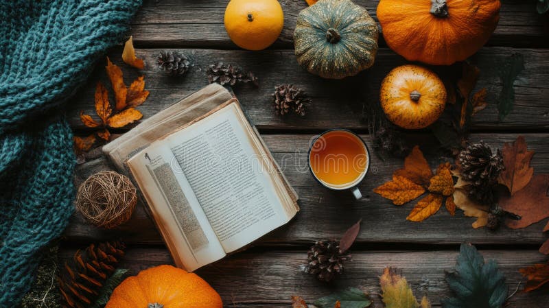 Un libro poggia accanto a una tazza di tè bollente su un tavolo di legno che crea un'atmosfera accogliente perfetta per la lettura fotografia stock
