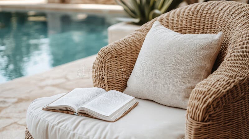 Un libro poggia su una sedia accanto a una piscina tranquilla, creando un'atmosfera serena ideale per rilassarsi e leggere al sole immagine stock