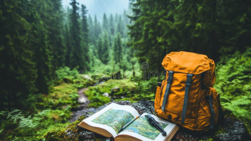Un libro poggia su uno zaino posto su una roccia circondata da verde di ceneri in un terreno di legno sereno.. immagini stock libere da diritti