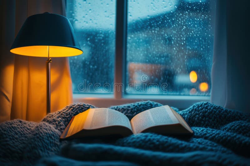 Un libro scritto si trova su un letto accanto a una lampada in un ambiente di pioggia. immagine stock libera da diritti