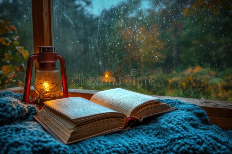 Un libro si trova accanto a una lanterna su una finestra che crea ancora un'atmosfera accogliente. immagine stock