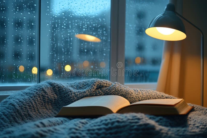 Un libro si trova su un letto accanto a una lampada che crea un'atmosfera di lettura comoda. immagine stock libera da diritti