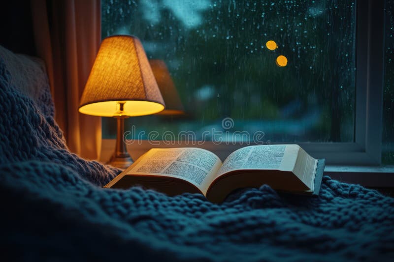 Un libro si trova su un letto illuminato da una lampada vicino, creando un'atmosfera di lettura comoda. immagine stock