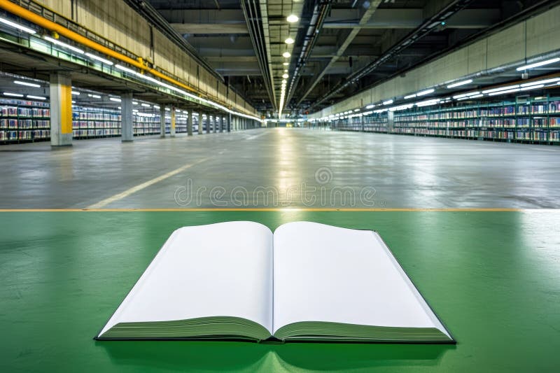 Un libro è sul pavimento di una biblioteca silenziosa circondata da scaffali e conoscenze. fotografia stock