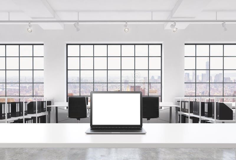 Un lieu de travail dans un bureau moderne lumineux de l'espace ouvert de grenier Un bureau fonctionnant est équipé d'un ordinateu illustration de vecteur Un lieu de travail dans un bureau moderne lumineux de l'espace ouvert de grenier Un bureau fonctionnant est équipé d'un ordinateu illustration de vecteur