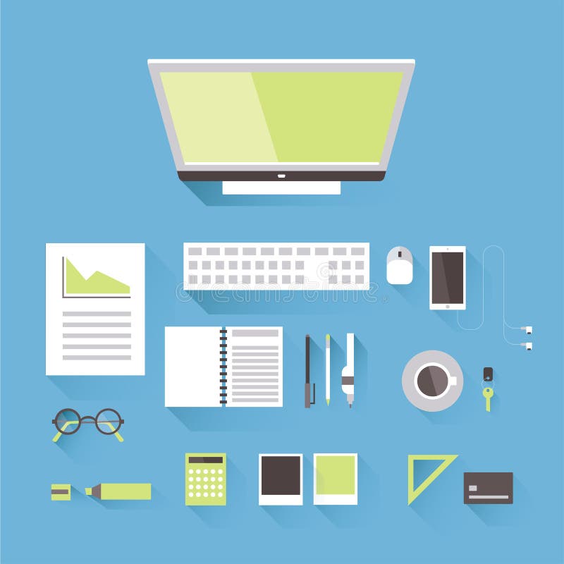 Un lieu de travail des affaires ou d'une personne créative, vue supérieure Moniteur avec le clavier et la souris, téléphone, calc illustration de vecteur Un lieu de travail des affaires ou d'une personne créative, vue supérieure Moniteur avec le clavier et la souris, téléphone, calc illustration de vecteur
