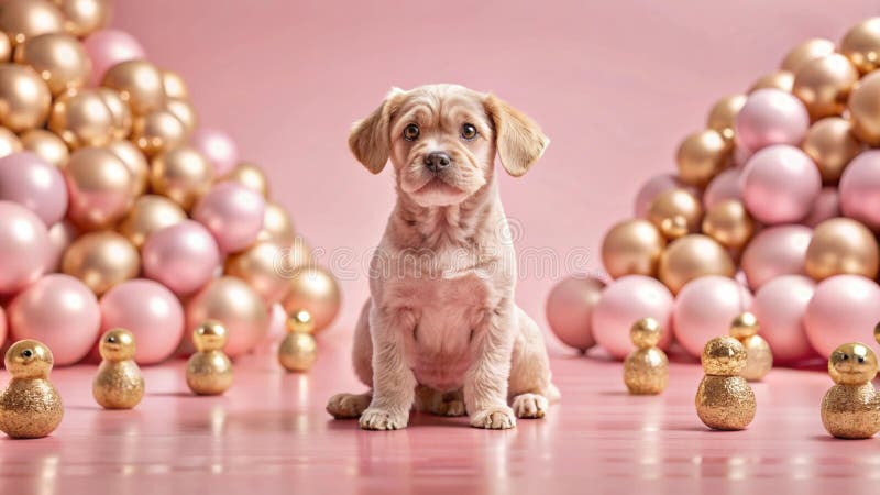 Un lindo cachorro sentado frente a baudibles rosados y dorados libre illustration