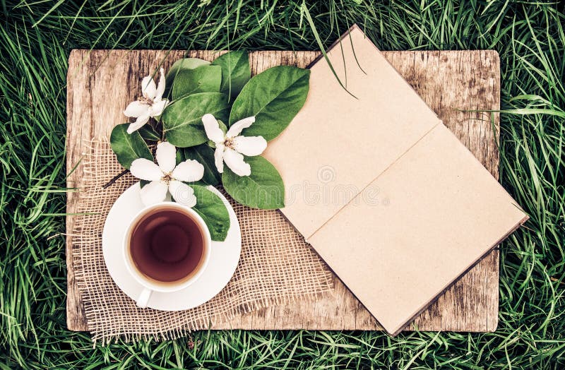 Un livre ouvert avec les pages vides, une tasse de thé chaud et un coing fleurissent Teinture de vintage Petit déjeuner dans le j photo libre de droits Un livre ouvert avec les pages vides, une tasse de thé chaud et un coing fleurissent Teinture de vintage Petit déjeuner dans le j photo libre de droits