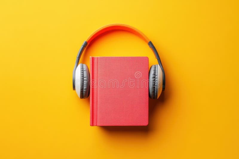Un livre rouge et des écouteurs sur fond jaune vif. concept de livre audio photographie stock