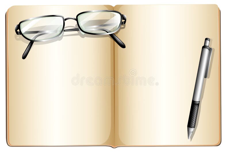 Un livre vide avec un monocle et un ballpen illustration libre de droits Un livre vide avec un monocle et un ballpen illustration libre de droits