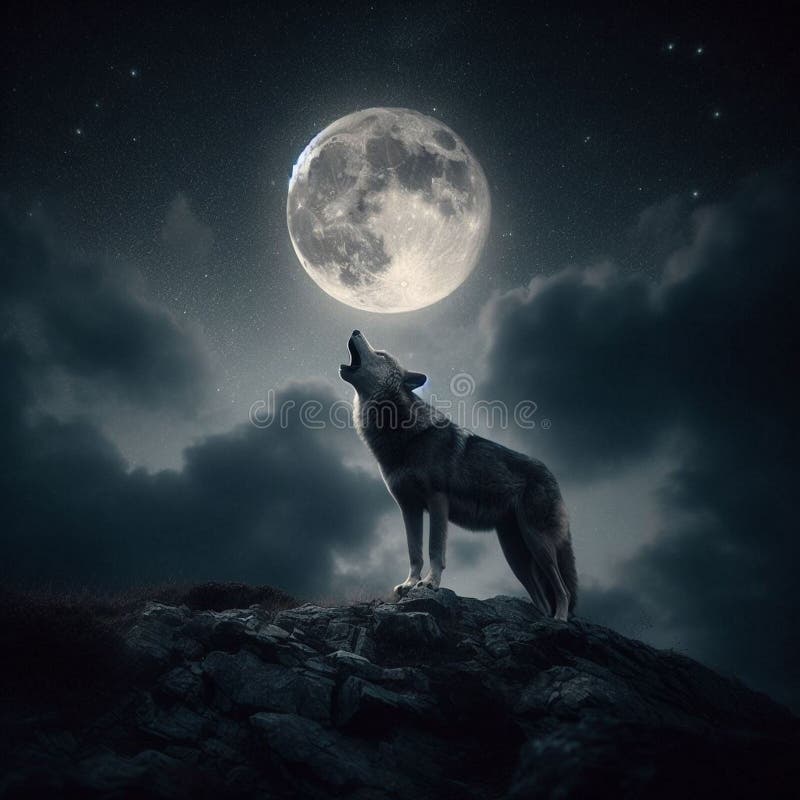Un lobo aullando en la luna en la noche. Esta imagen es un recurso generado con inteligencia artificial. es una imagen fotorrealista de un lobo gritando en la luna. la imagen capta la belleza y el misterio de la naturaleza por la noche. es una imagen ideal para los amantes de la naturaleza animal o de la fantasía.