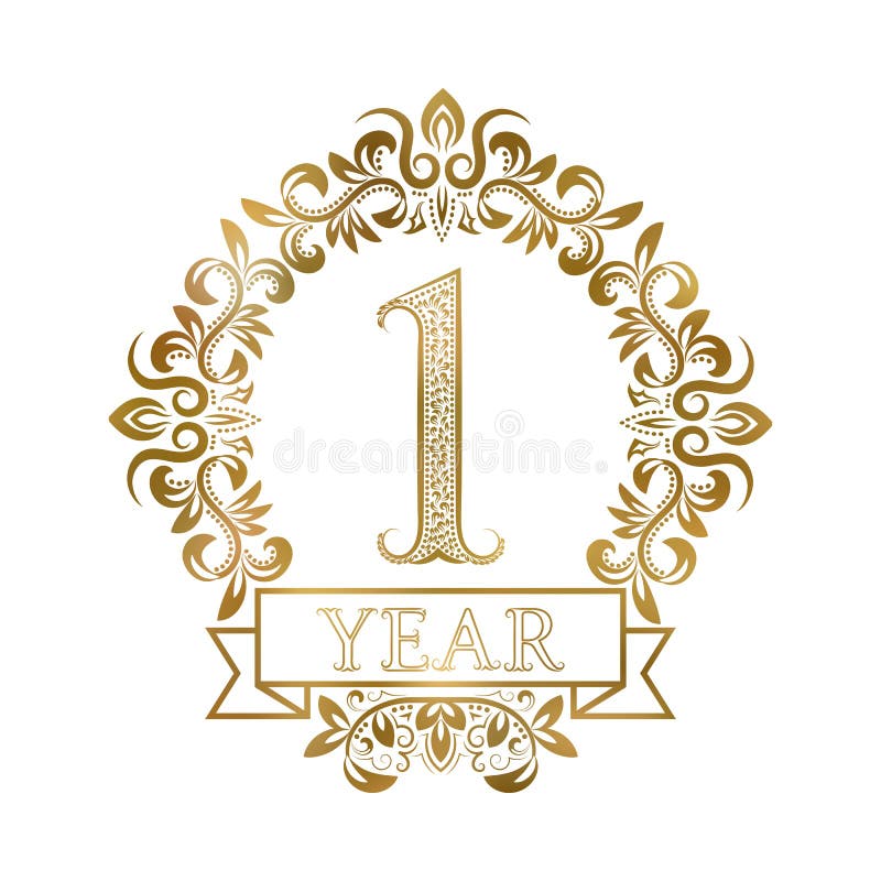 Un logotype d'or de vintage de célébration d'anniversaire d'an Premier label d'or d'anniversaire en guirlande florale avec un rub illustration libre de droits Un logotype d'or de vintage de célébration d'anniversaire d'an Premier label d'or d'anniversaire en guirlande florale avec un rub illustration libre de droits