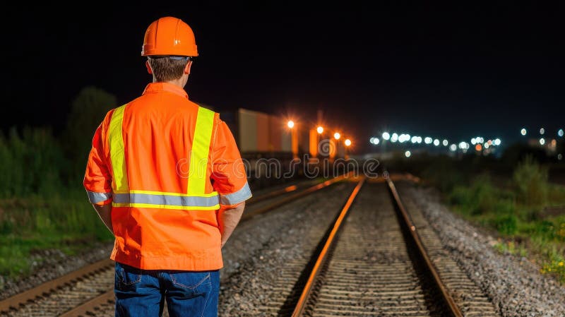 Un lucrător în construcții cu vestă portocalie de siguranță și cască pe șine de cale ferată pe timp de noapte, care observă trenur vector illustration
