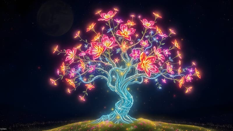 Un luminoso albero mistico floreale che brilla luminosamente di notte. illustrazione vettoriale