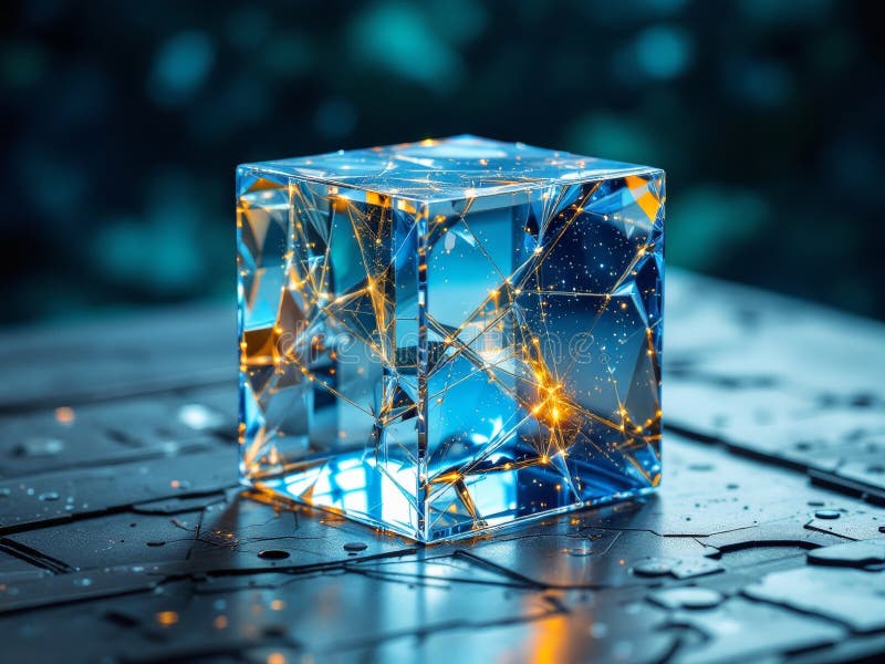 Un luminoso cubo di vetro illuminato internamente con una rete di linee d'oro poggia su un buio illustrazione di stock
