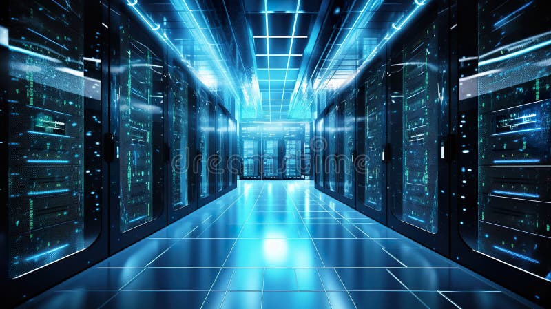 Un lungo corridoio con file di server. immagine generativa dell'aria. illustrazione di stock